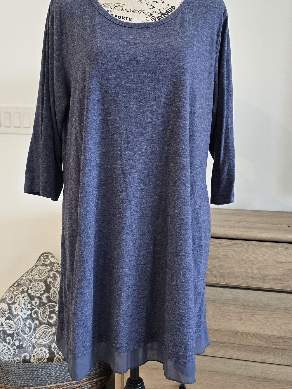 Scoop Neck Heathered Navy Tunic with Chiffon Hem